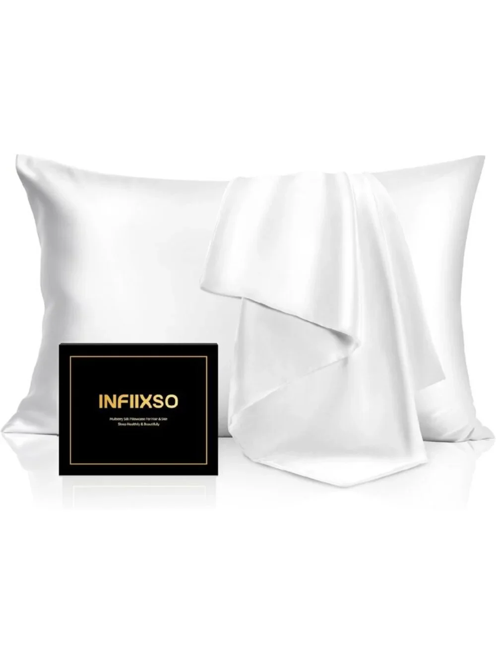 Luxurious White Silk Pillowcase Set of 2, Queen Size, Hidden Zipper, Soft